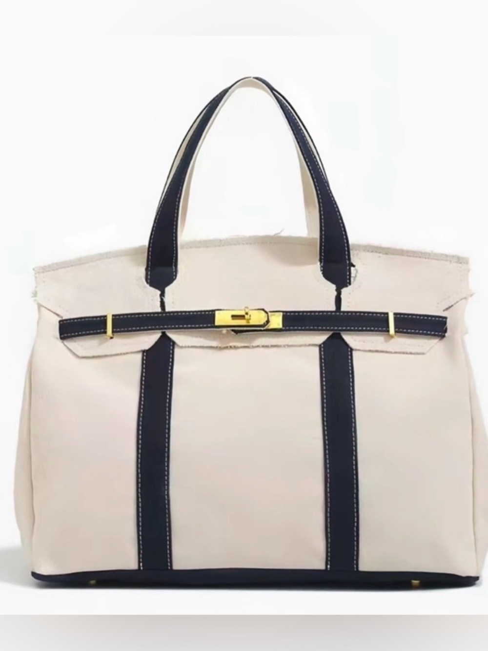 Boatkin Canvas Two-Tone Tote Bag in Cream and Navy